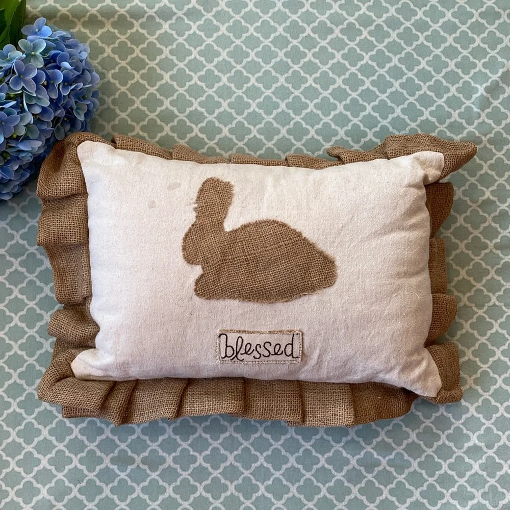 Glory Haus Rabbit Blessed Burlap Pleated Ruffle Trim Pillow